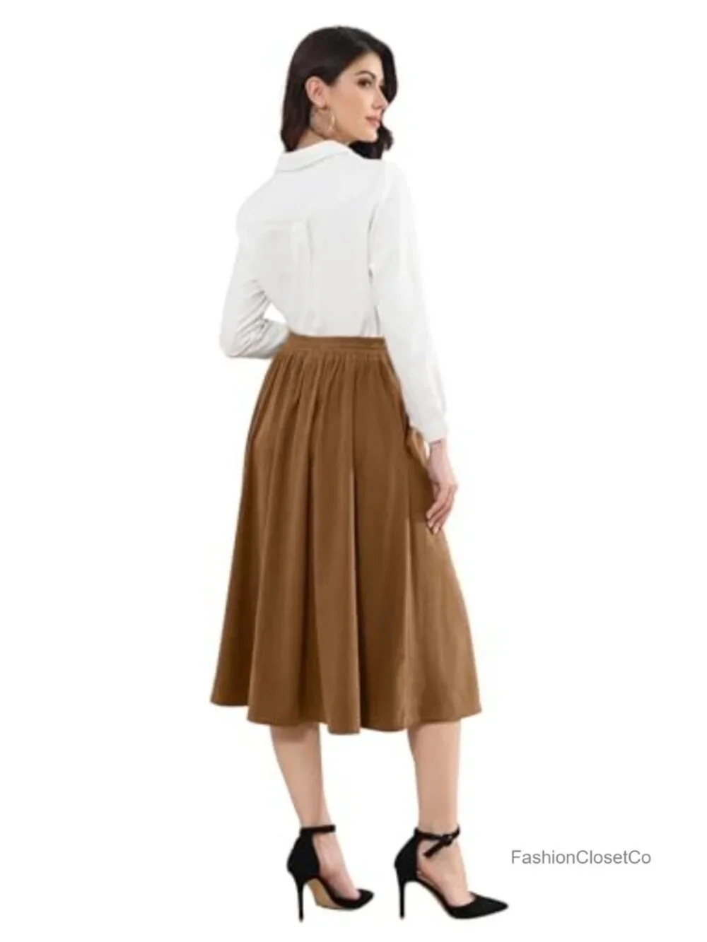 Women's Vintage Corduroy High Waist Button Midi Skirt A-Line Pleated with